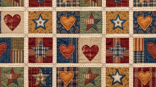 American pattern patchwork hearts and stars folk design with patchwork american seamless traditional heritage background