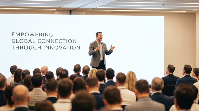 Businessman delivering keynote presentation to large audience in auditorium with screen text Empowering Global Connection for corporate events