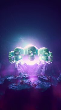 Mystical Subterranean Ruins Cave With Floating Symmetrical Human Skulls 3D Loop