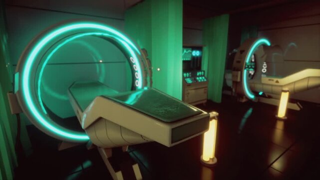 Glowing wellness pod with teal ring, soft ambient lighting, warm neon accents, loungestyle bed, calm futuristic spa vibe, biohacking wellness concept