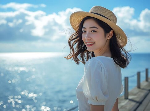 夏の海辺で笑顔を見せる麦わら帽子の若いアジア人女性 AI generated｜女性、海、夏、ビーチ、麦わら帽子、青空、笑顔、リゾート