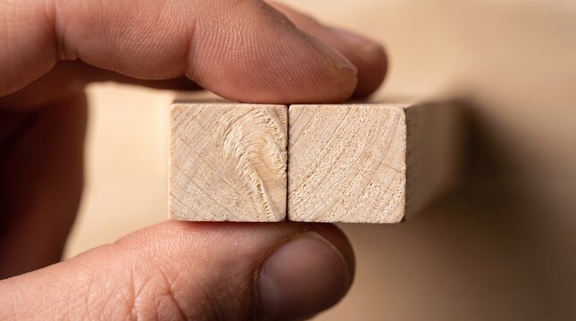 Close Up of Hands Holding and Aligning Two Wooden Blocks for Carpentry Precision and Woodworking Project Background