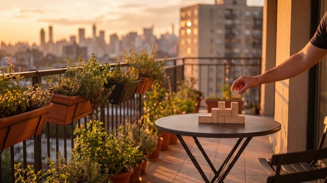 Man Building with Wooden Blocks on Urban Balcony Table in Garden at Sunset for Real Estate Investment and Growth