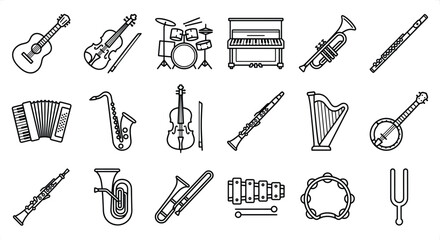 Fototapeta premium Assortment of musical instruments in a clean line art style against a white background for diverse design projects