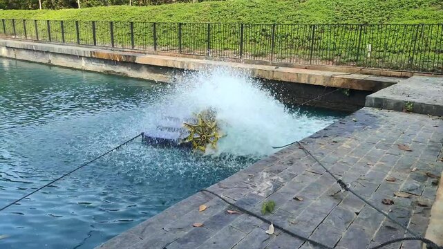 Industrial Pond Aerator Splashing Water for Aquaculture and ESG Water Management Website Banner Hero Header Wide Background Copy Space