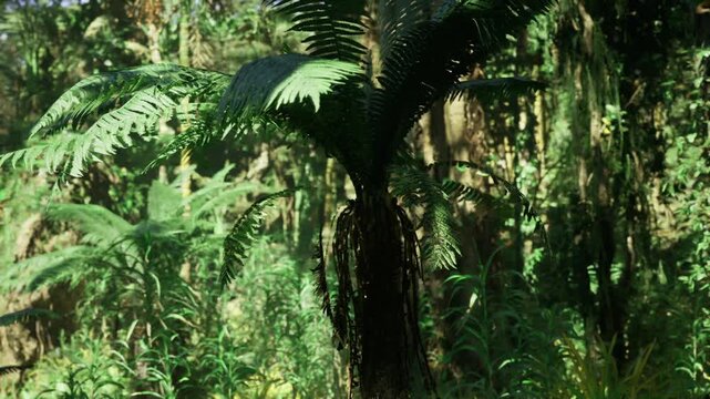Towering tree fern framing verdant understory with umbrella like fronds, textured trunk covered in epiphytes and spore clusters, ideal for botanical studies
