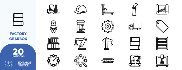 Industrial Machinery set. Containing forklift, hard hat, conveyor belt, gear, crane, safety barriers, industrial truck, storage rack, factory building, price. Editable stroke. Vector illustration. © khopidd232