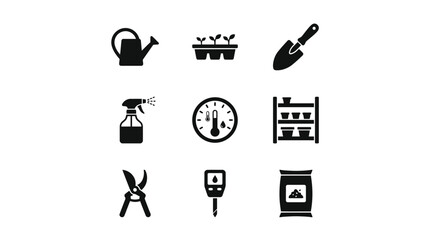 Fototapeta premium Greenhouse planting and seedling cultivation icon set.