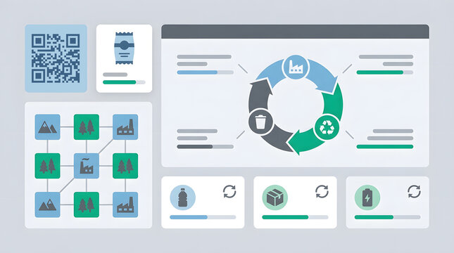 Flat vector of a digital product passport dashboard with modular compliance cards, QR-inspired identity tile, material origin matrix, circular lifecycle workflow, recyclable component icons