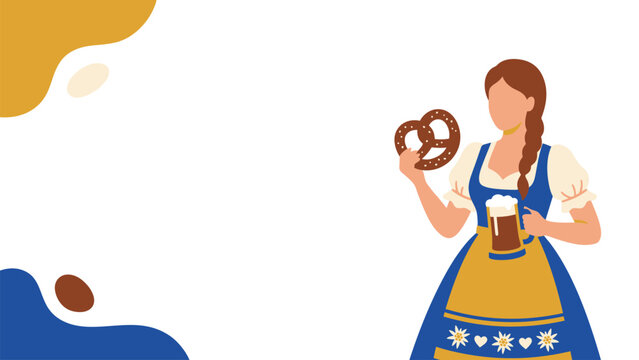 Young woman in traditional Bavarian dress holding a beer mug and pretzel at a festival.