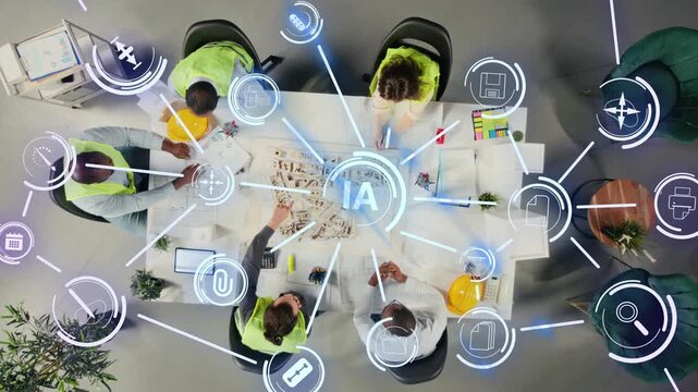 Civil engineers scan urban infrastructure in an office, using AI, CAD and HUD data to generate a virtual city replica for digital twin modeling and planning.