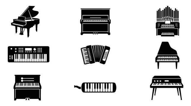 Keyboard and piano type musical instrument icon collection.