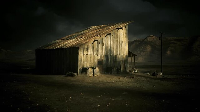 Weathered barn with dim lantern glow, worn siding and scattered crates, faint footprints in dust, distant mountains under heavy clouds, eerie calm and rustic