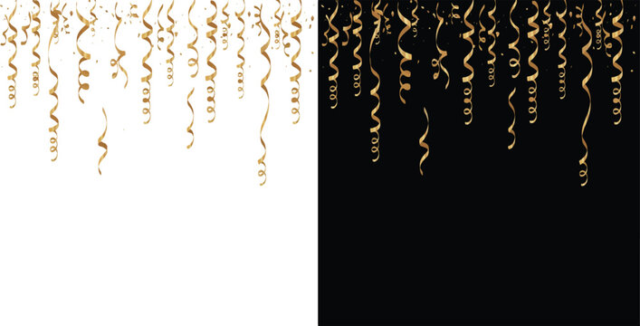 Set of gold ribbons falling down isolated on white and black backgrounds with gold color celebration background streamers birthday decoration metallic