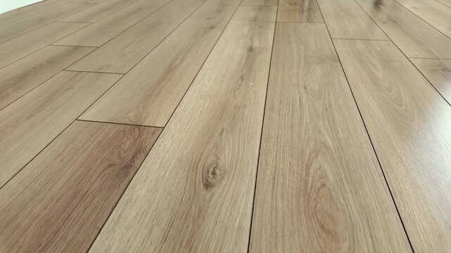 Close up camera moves along laminate flooring wood texture and pattern on newly installed floor