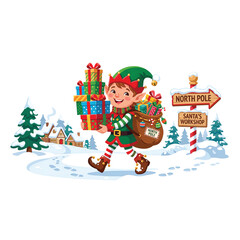 Fototapeta premium A cheerful elf carries colorful gifts through a snowy landscape towards North Pole.