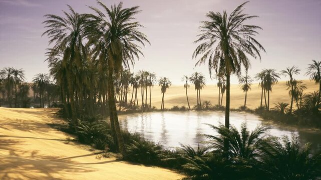 Sunlit palm path along calm lagoon, warm golden tones creating shadow patterns on sand, distant palms framing scene, inviting resort and leisure atmosphere