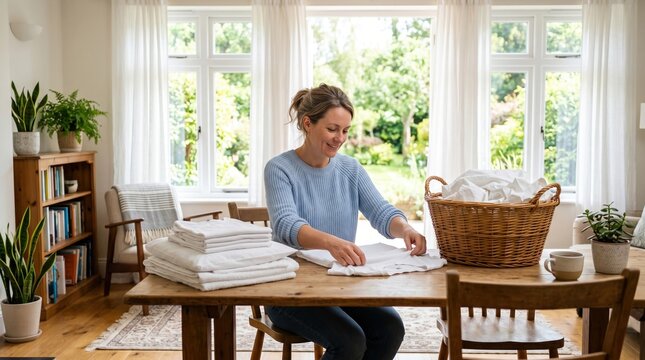 Woman smiling while folding clean white laundry at a wooden table