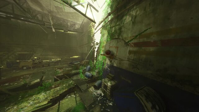 Sunlit abandoned greenhouse overtaken by vines, mossy concrete floors with puddles, shattered skylight casting golden beams, graffitistreaked walls, dense