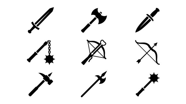 Medieval weaponry and historic combat equipment icon set.
