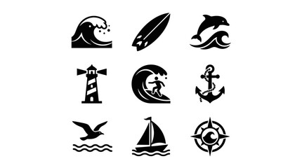 Fototapeta premium Ocean sports and nautical navigation black silhouette icons.
