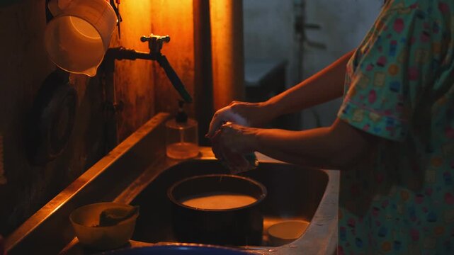Woman washing dishes in a rustic kitchen sink at night