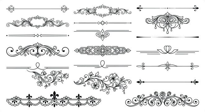 Ornate floral scrollwork dividers and borders in black vector design on white background for elegant page decoration