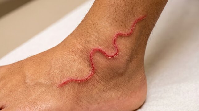 Serpiginous elevated red linear track on patient foot ankle from cutaneous larva migrans hookworm infection