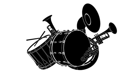 Black and white illustration of musical instruments with instruments including drum drum set trumpets illustration various percussion cymbals © Kamola