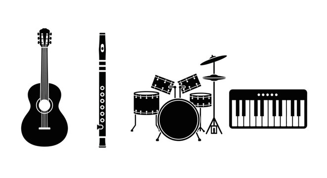 Black and white illustration of various musical instruments with instruments including guitar guitar flute drum drum set equipment keyboard with graphic