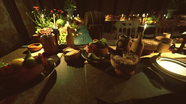 Banquet table set before guests arrive, roast and centerpieces staged with plates, candles and decorative bowls under warm ambient light professional catering