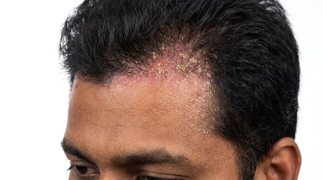 Close up of man forehead hairline with thick greasy yellow scaly plaques of seborrheic dermatitis