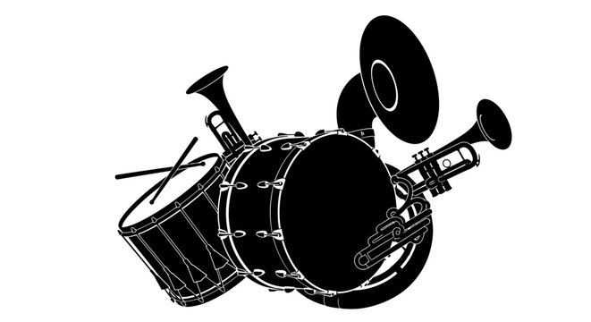 Black and white illustration of musical instruments with instruments including drum drum set trumpets illustration various percussion cymbals