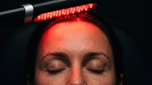 Close up view of woman face undergoing low level red LED light therapy for facial rejuvenation