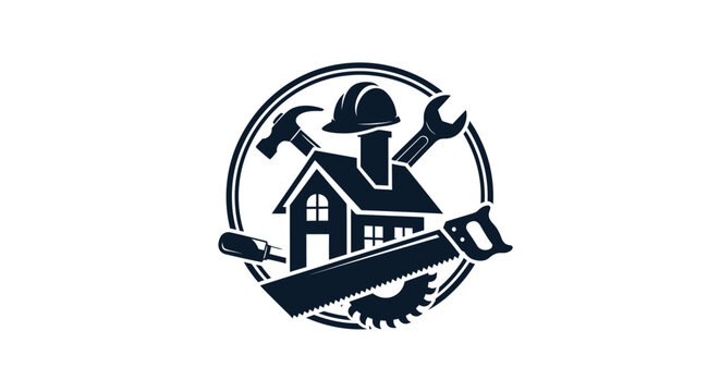 Construction logo with house tools with hat hammer wrench house hard architecture illustration renovation carpentry building graphic design with symbol