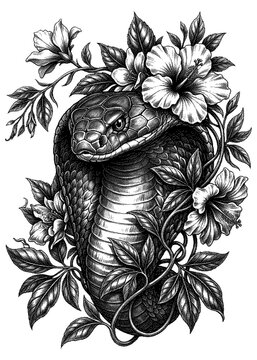 Dithered Art Cobra snake and tropical flower engraving illustration for Tattoo Design Element