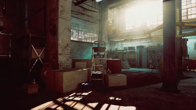 Apocalyptic warehouse shelter under harsh sunlight with barricades and stacked crates metal ladder and concrete blocks create defensive layout, shafts of light