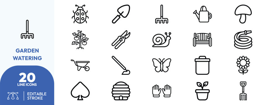 Garden Care set. Containing ladybug, snail, butterfly, mushroom, watering can, garden hose, trowel, pruning shears, shovel, rake, wheelbarrow, garden bench. Editable stroke. Vector illustration.