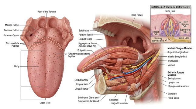 3D Human Tongue Anatomy with Labeled Internal Structures &ndash; Medical Illustration for Science Learning and Biology Education Poster