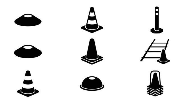 Sports training cones and agility drill icons set.