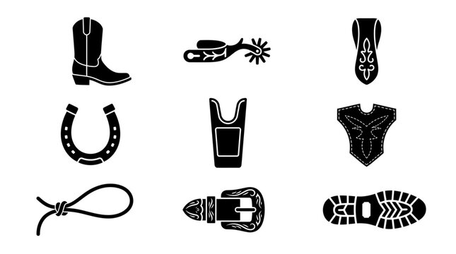 Western apparel and ranch equipment black vector icons