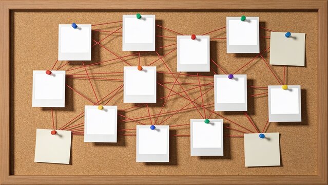 Detective investigation board with blank photo frames and sticky notes connected by red string on corkboard, conspiracy and research concept