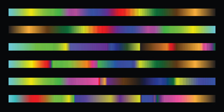 Vibrant multicolor heatmap gradients collection with abstract rainbow color spectrum bars and neon infrared thermal visualization lines on a black background.