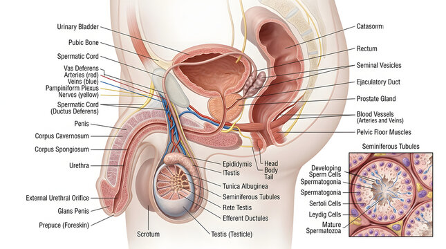 3D Human Male Reproductive System Anatomy with Labeled Internal Structures &ndash; Medical Illustration for Science Learning and Biology Education Poster