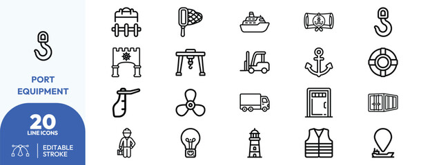Maritime Operations set. Containing crane hook, ship, cargo container, anchor, life buoy, dock gate, forklift, propeller, truck, storage rack, worker. Editable stroke. Vector illustration. © khopidd232