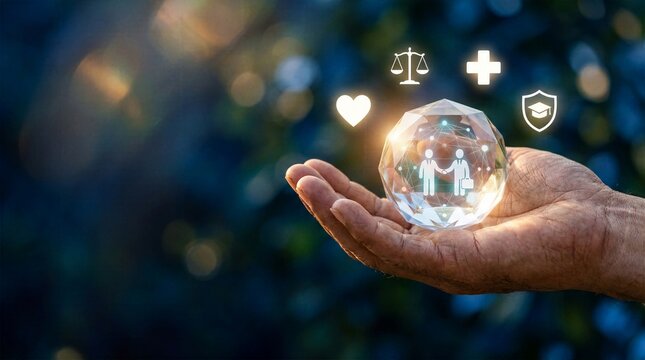 Elderly hand holding glowing crystal with handshake and social security welfare icons.