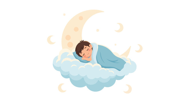 A cute little boy is sleeping soundly on a fluffy cloud, tucked under a blue blanket with a large crescent moon in the background.