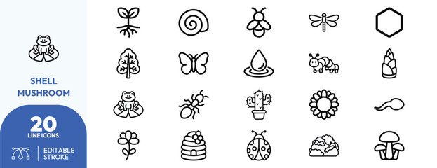Biodiversity illustration set. Containing seedling, snail, bee, dragonfly, honeycomb, tree, butterfly, water droplet, caterpillar, mushroom, frog, ant, cactus. Editable stroke. Vector illustration. © khopidd232