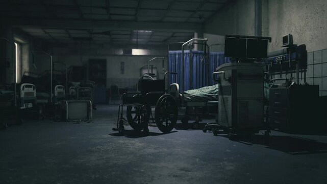 Empty emergency bay with wheelchair and dim monitors, cold fluorescent overheads create cinematic shadows, stacked carts and curtained cubicles imply recent