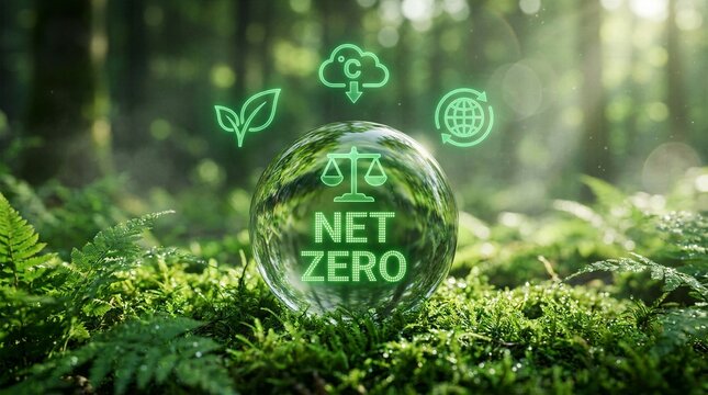 Net zero emission concept with glowing neon text and balance scale inside crystal globe resting on lush woodland moss.